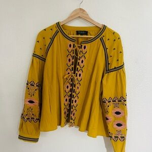 Mustard Yellow Jacket RD & Koko Embroidered Tie-Front Boho Jacket Anthropologie